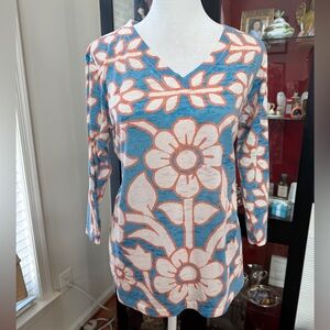 Before + Again blue orange ivory 3/4 sleeve v-neck, floral shirt size large